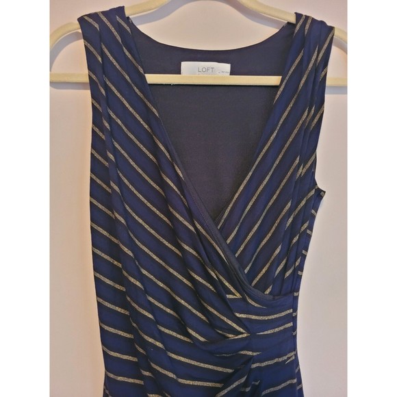 Loft Womens Faux Wrap Knee Length Dress Gold Striped Size Medium Petite - Picture 2 of 9